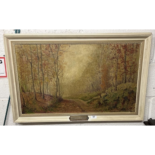 387 - Oil on canvas of a forest scene in Brussels by Le Personnel - Approx IS: 75cm x 45cm