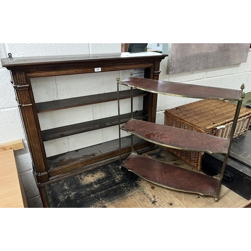 388 - Antique carved wood wall hanging shelf together with brass and leather shelves