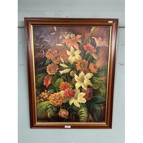 413 - Oil on canvas of flowers by Joan Philips - Approx IS: 44cm x 60cm