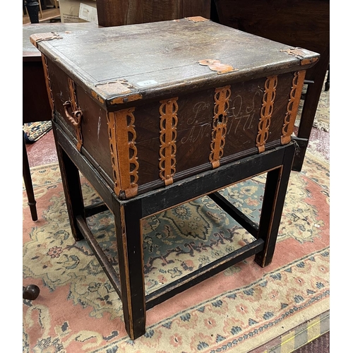 424 - 18thC Swedish chest on stand, the painted pine box with iron mounts and pierced strapwork decoration... 