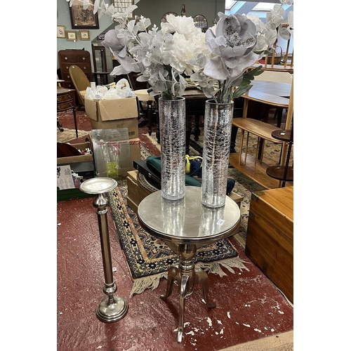 438 - Metal table and stand together with pair of vases - Approx W: 86cm D: 53cm H: 47cm