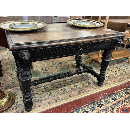 451 - Antique carved oak center table with integrated drawer - Approx W: 115cm D: 72cm H: 76cm