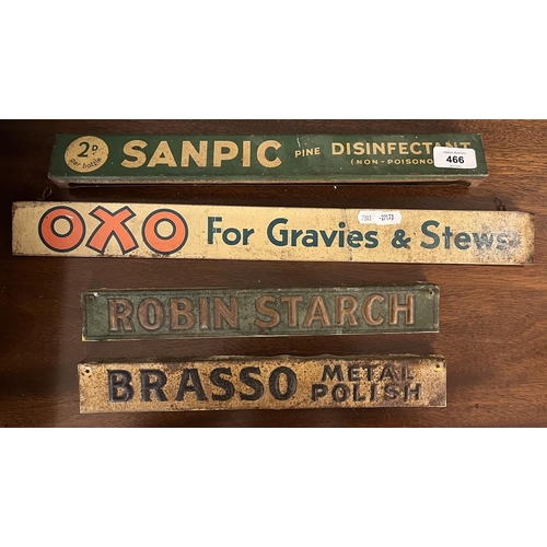 466 - 4 original metal shelf signs Oxo, Brasso, Sandpic Disinfectant and Robin Starch