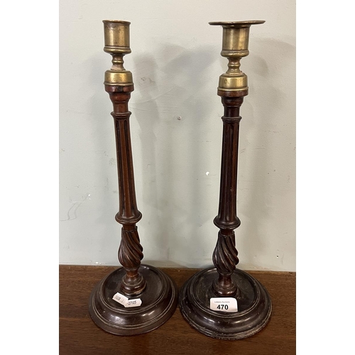 470 - Pair of antique mahogany candle sticks - Approx H: 39cm