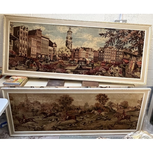 497 - Pair of very large framed tapestries depicting town square scene and hunting scene - Approx IS: 168c... 