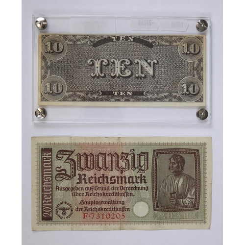 141 - Third Reich bank note (20 Reichsmark) together with a $10 Confederate bank note issued in the Richmo... 