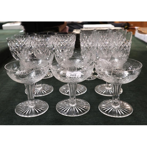 269 - Collection of crystal glasses together with a set of 6 etched glasses