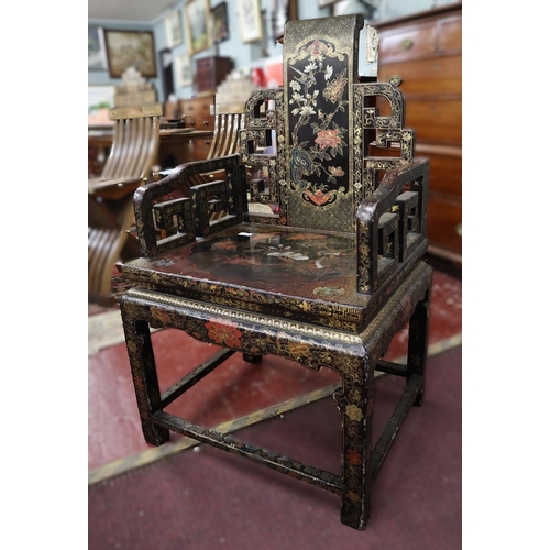 292 - Early 20thC Chinese black lacquer armchair with gilt overlay 