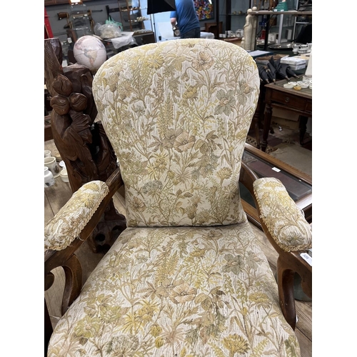 332 - Antique upholstered child's armchair with barley twist legs