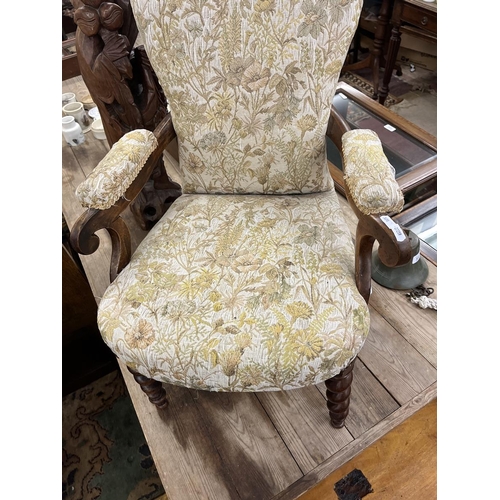 332 - Antique upholstered child's armchair with barley twist legs