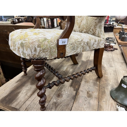 332 - Antique upholstered child's armchair with barley twist legs