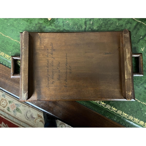 359 - Hand carved 2 handled tray with RAF dedication to the underneath