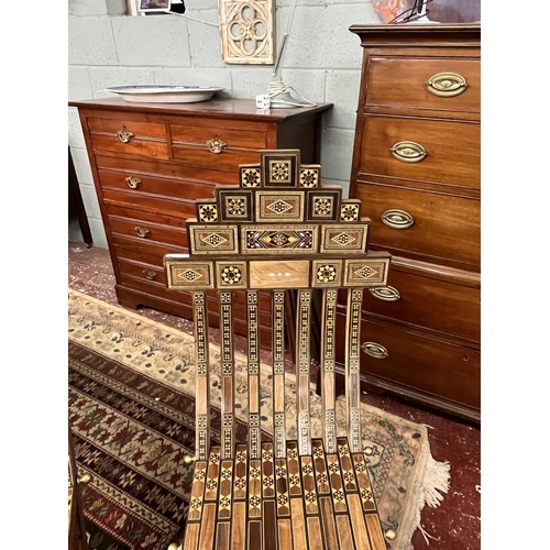 366 - Fine pair of Syrian handmade folding wooden chairs with mosaic inlay to include mother-of-pearl