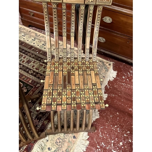 366 - Fine pair of Syrian handmade folding wooden chairs with mosaic inlay to include mother-of-pearl