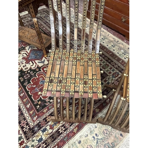 366 - Fine pair of Syrian handmade folding wooden chairs with mosaic inlay to include mother-of-pearl