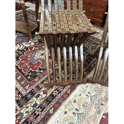 366 - Fine pair of Syrian handmade folding wooden chairs with mosaic inlay to include mother-of-pearl