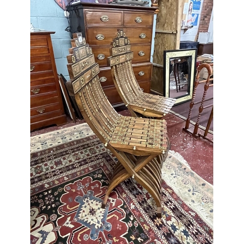 366 - Fine pair of Syrian handmade folding wooden chairs with mosaic inlay to include mother-of-pearl