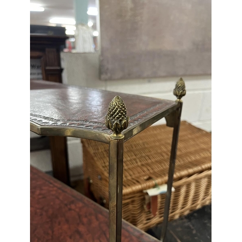 388 - Antique carved wood wall hanging shelf together with brass and leather shelves