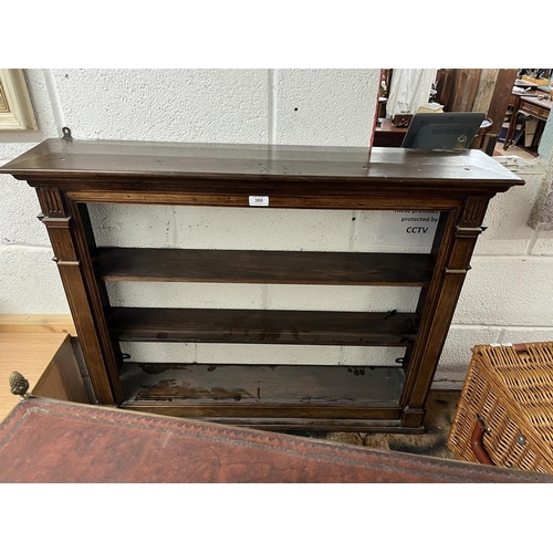 388 - Antique carved wood wall hanging shelf together with brass and leather shelves