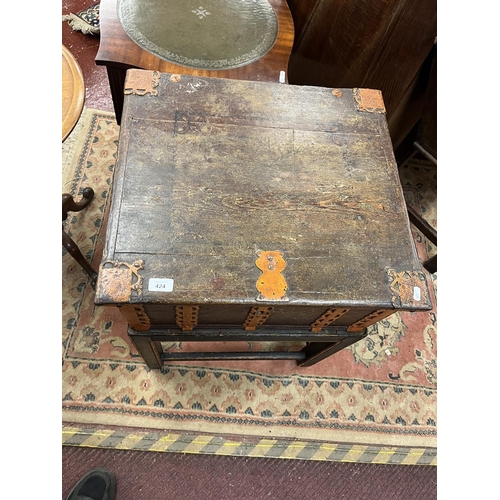 424 - 18thC Swedish chest on stand, the painted pine box with iron mounts and pierced strapwork decoration... 