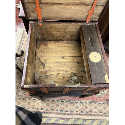 424 - 18thC Swedish chest on stand, the painted pine box with iron mounts and pierced strapwork decoration... 