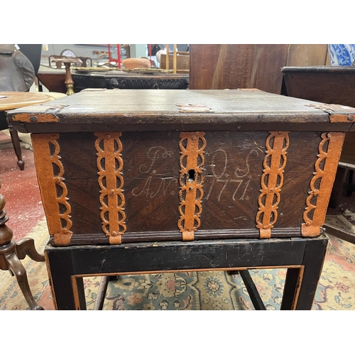 424 - 18thC Swedish chest on stand, the painted pine box with iron mounts and pierced strapwork decoration... 