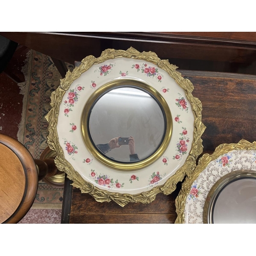 450 - Set of 3 ornate flower themed porcelain and gilt framed mirrors