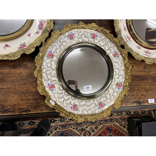 450 - Set of 3 ornate flower themed porcelain and gilt framed mirrors