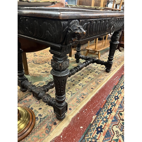 451 - Antique carved oak center table with integrated drawer - Approx W: 115cm D: 72cm H: 76cm