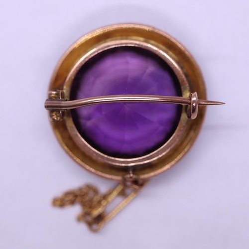 46 - 9ct gold fine Victorian brooch set with large amethyst & seed pearls