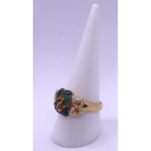 51 - Unusual 18ct gold emerald, sapphire & diamond ring - Size S, Approx gross weight 7g - Size S