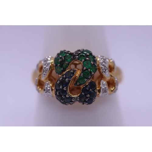 51 - Unusual 18ct gold emerald, sapphire & diamond ring - Size S, Approx gross weight 7g - Size S