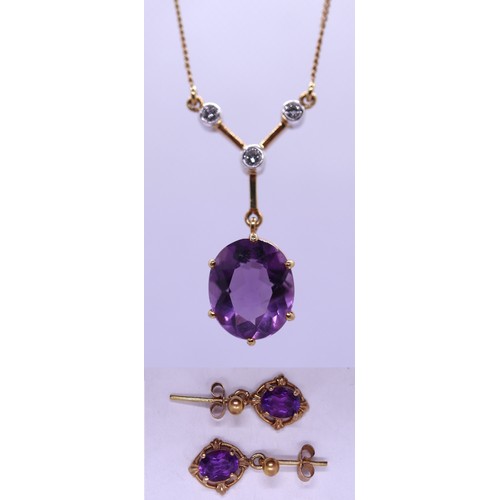 122 - 18ct gold necklace set with amethyst & diamond with matching earrings