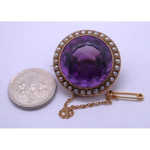 46 - 9ct gold fine Victorian brooch set with large amethyst & seed pearls