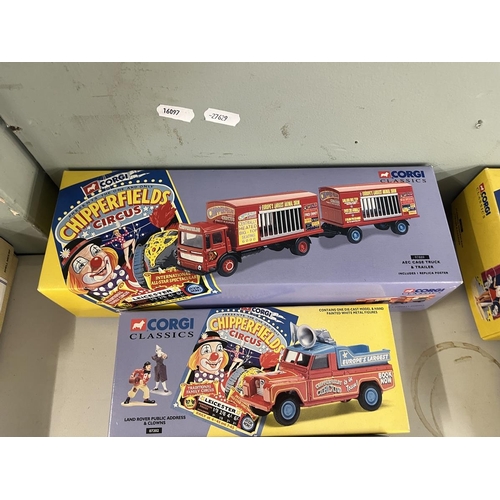 263 - Collection of Corgi Chipperfields Circus die cast vehicles in original boxes to include circus poste... 