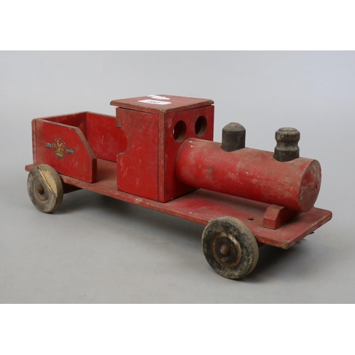 352 - Vintage wooden toy car garage with wooden toy train