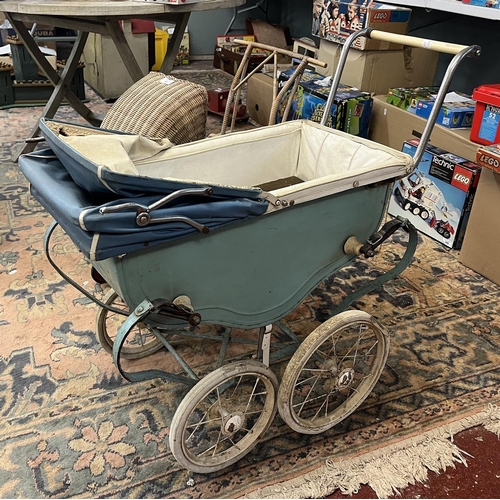 437 - Blue dolls pram and Tri-Ang wicker pram