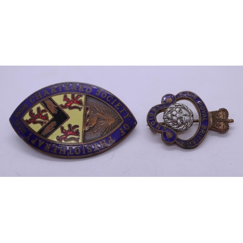 130 - Enameled Chartered Society of Physiotherapy badge No. 5692 together with a Royal British Legion badg... 