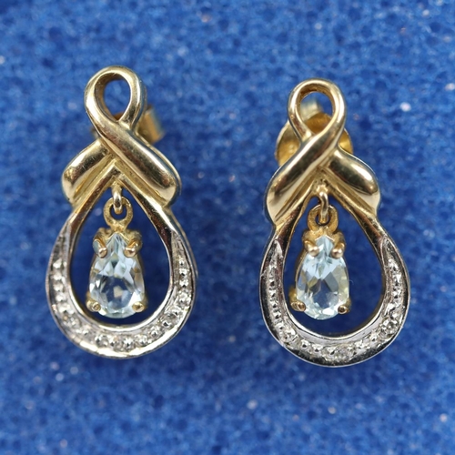 150 - Pair of gold aquamarine and diamond earrings