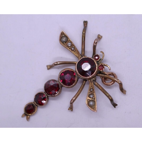 161 - Antique gold garnet and pearl dragonfly pendant