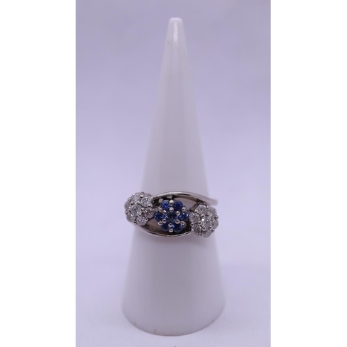 162 - 18ct white gold sapphire and diamond triple cluster ring - Size N