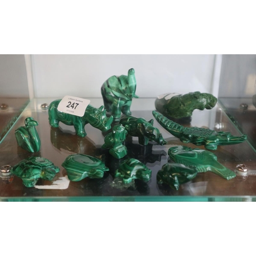 247 - Good collection of malachite animals to include rhino, elephant, turtle etc