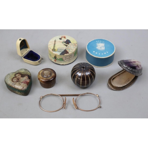 253 - Collection of pill boxes together with a pair of pince-nez glasses