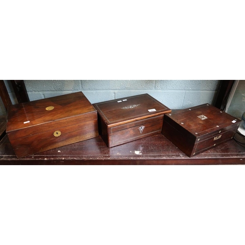 262 - Victorian Rosewood work box with partitioned internal shelf and needlework items included, plus 2 x ... 