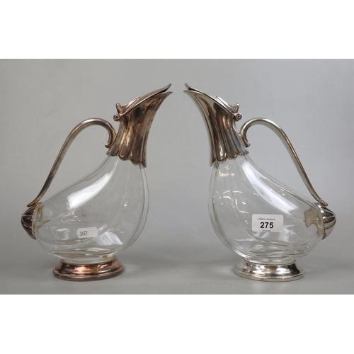 275 - Pair of glass and plated claret jugs in form of ducks