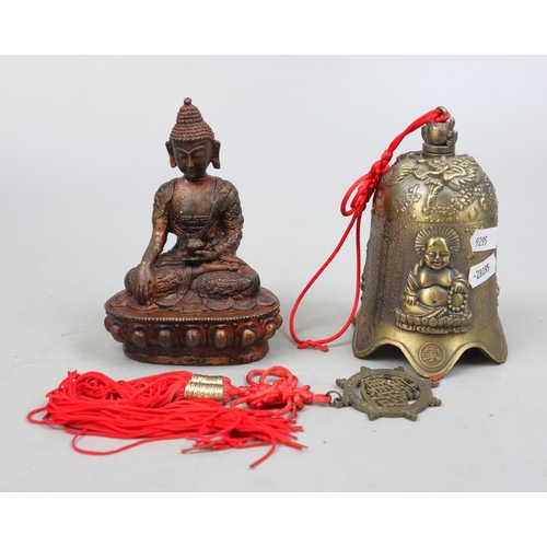 282 - Mid 20thC bronze Nepali/Tibetan Buddha (Bhumiparsha pose), plus Sino-Tibetan bronze votive temple be... 