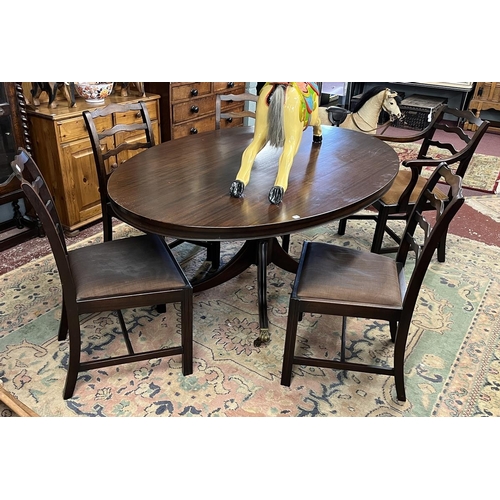 452 - Mahogany pedestal dining table with 5 ladder back dining chairs to include carver. Table approx L: 1... 