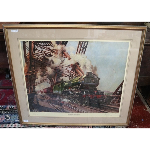 568 - Large signed L/E Terrance Cuneo railway print - Signed by Cuneo, Sir William McAlpine and Alan Pegle... 