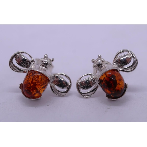 68 - Pair of silver amber set bee earrings