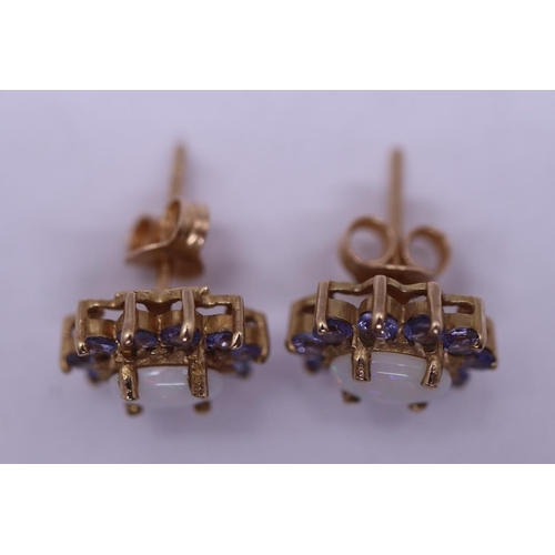 146 - Pair of gold opal and tanzanite earrings